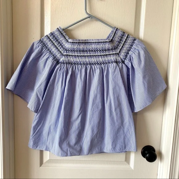 PARKER Smocked Pinstripe Off The Shoulder Top—SZ S - Picture 8 of 13